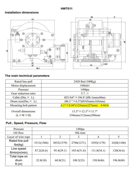 Treuil Runva HWT 1100 kg hydraulique levage et traction